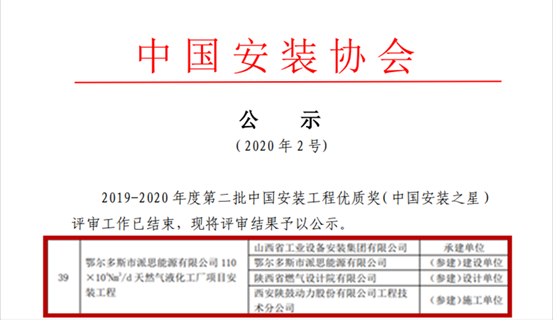 太阳娱乐总包鄂尔多斯派思能源LNG项目获“中国装置之星”奖